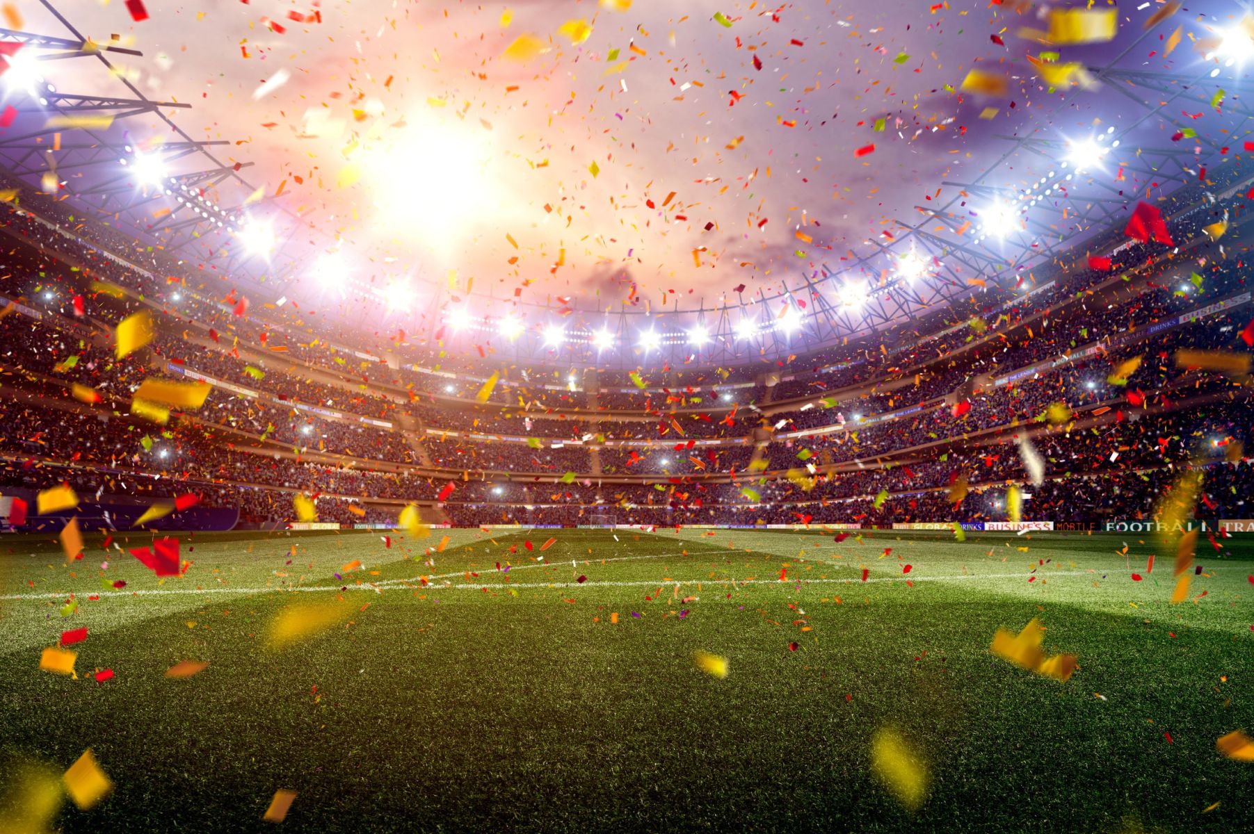 Sports stadium with celebratory confetti